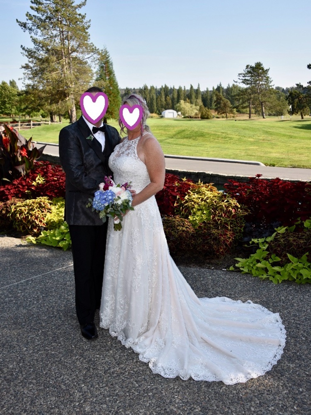 Ivory Lace Bridal Gown with Scalloped Train, crystals and pearls.